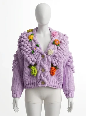 Gilet grosse maille nylon tricoté main fleurs 3d femme - Vue 1 - Gilet grosse maille